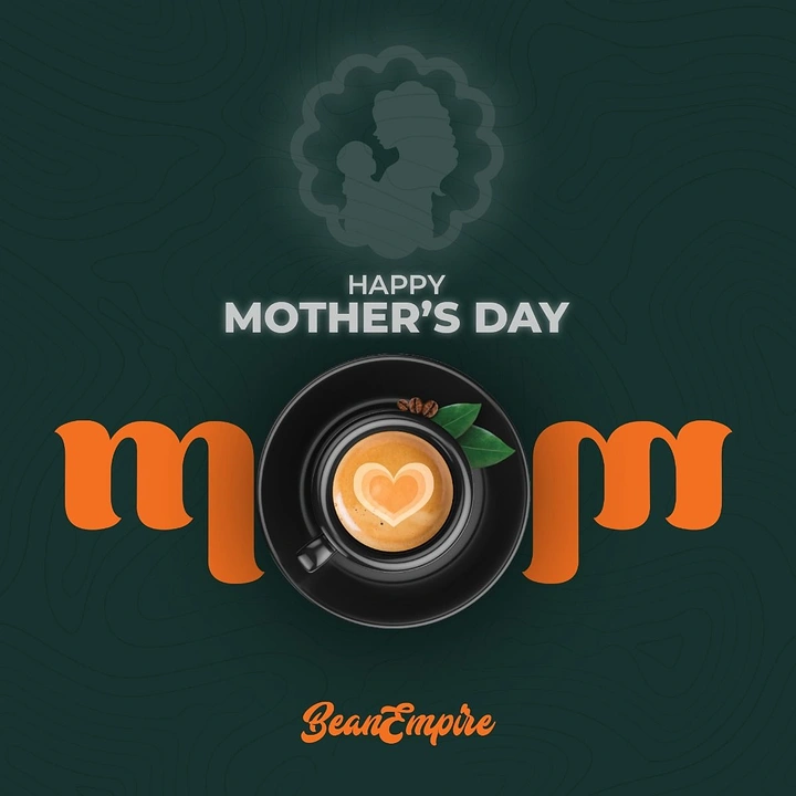 Mother's Day creative ad: Top-down black coffee cup with heart latte art forming the O in MOM