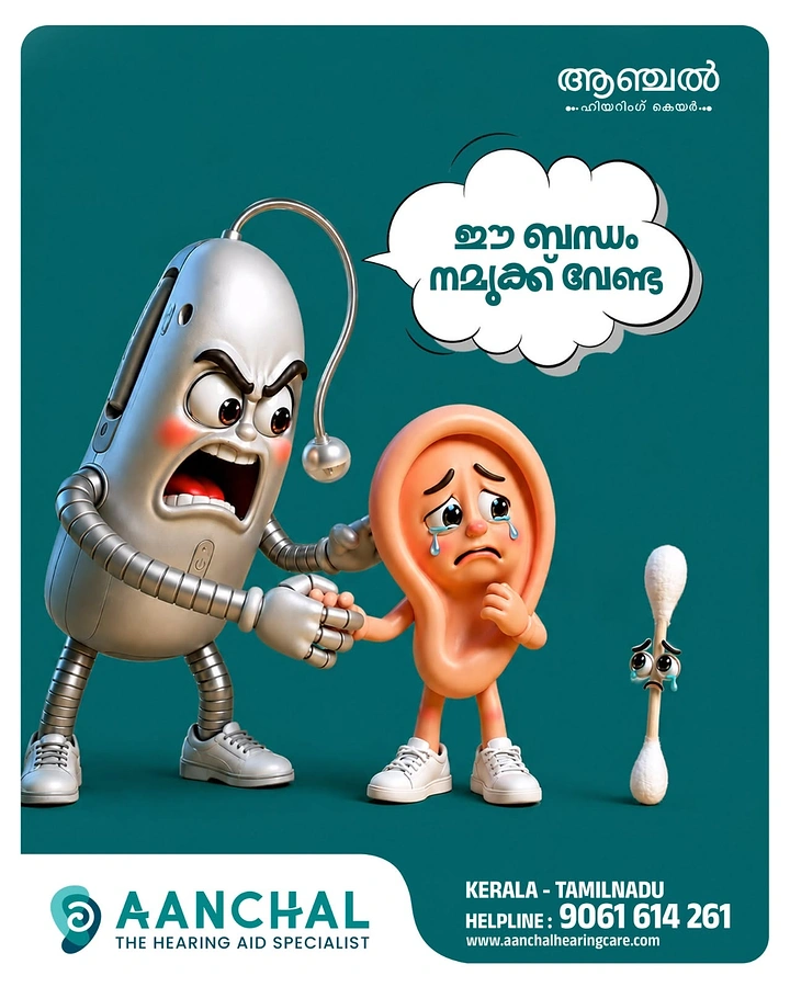 Hearing Aids creative ad: Hearing aid character confronts ear bud