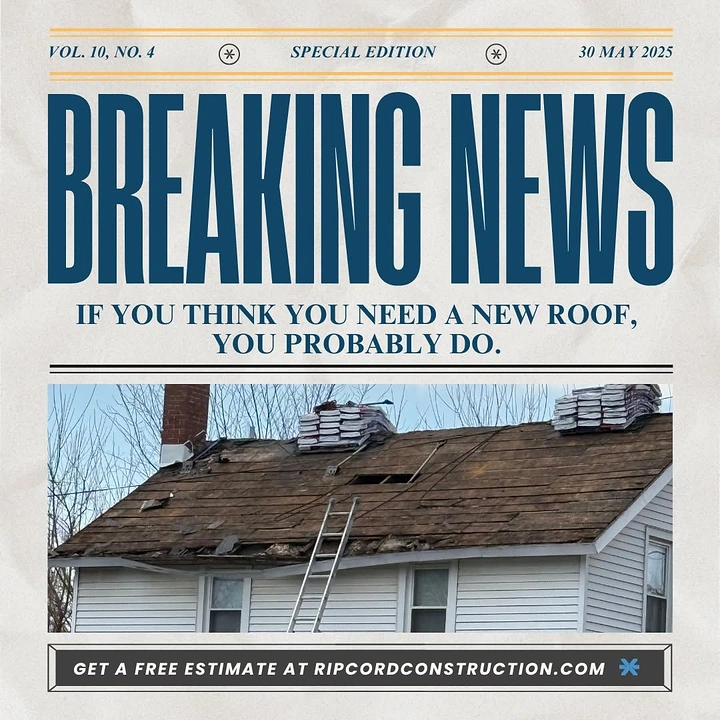 Roofing creative ad: Newspaper 'Breaking News' headline format