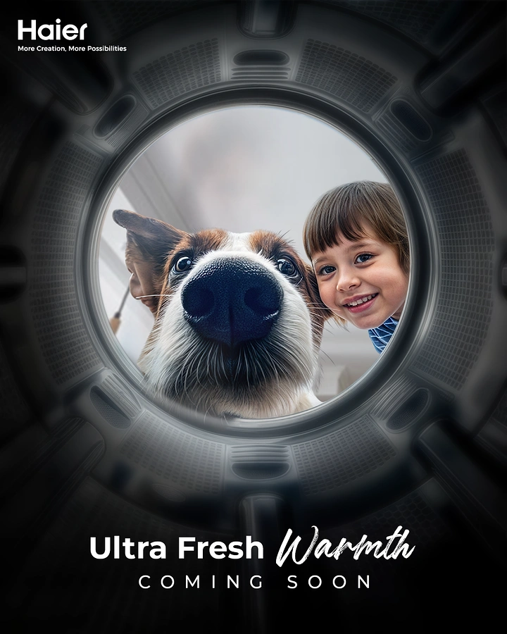 Home Appliances creative ad: Dog and kid through washer door