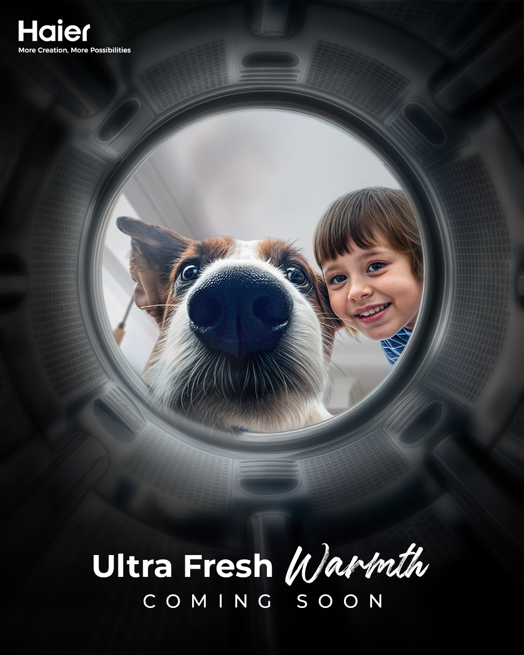 Instagram post: Dog and kid through washer door