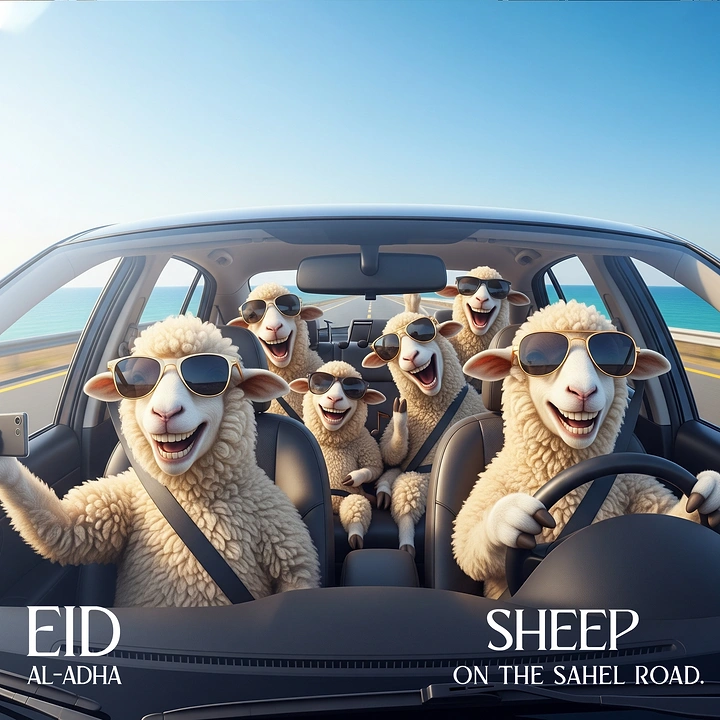 Eid creative ad: Group of laughing sheep in sunglasses on a car road trip