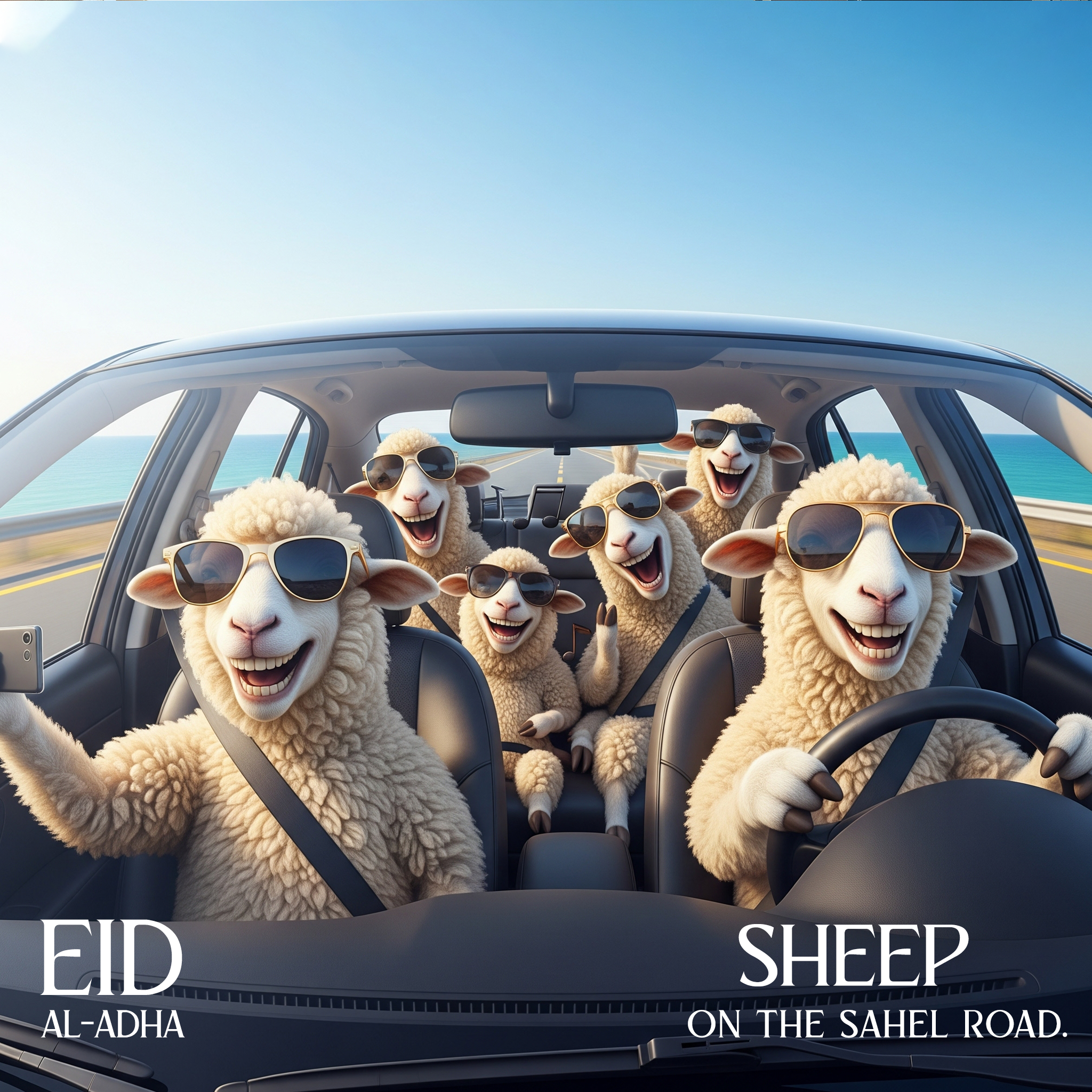 Group of laughing sheep in sunglasses on a car road trip