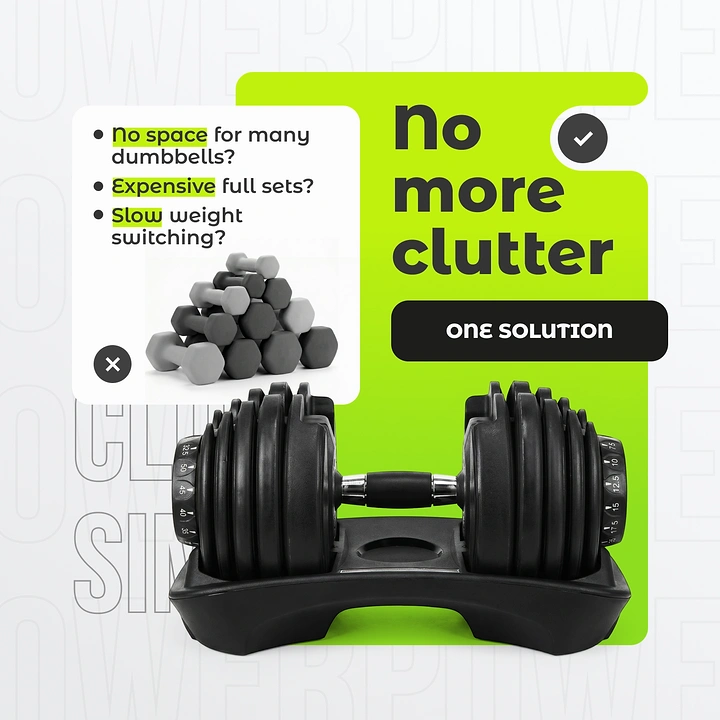 Fitness Equipment Stores creative ad: Clutter-free one-dumbbell product metaphor