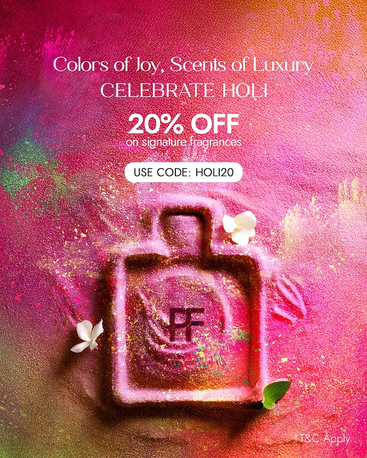 Holi creative ad: Perfume bottle shape embossed in magenta Holi powder