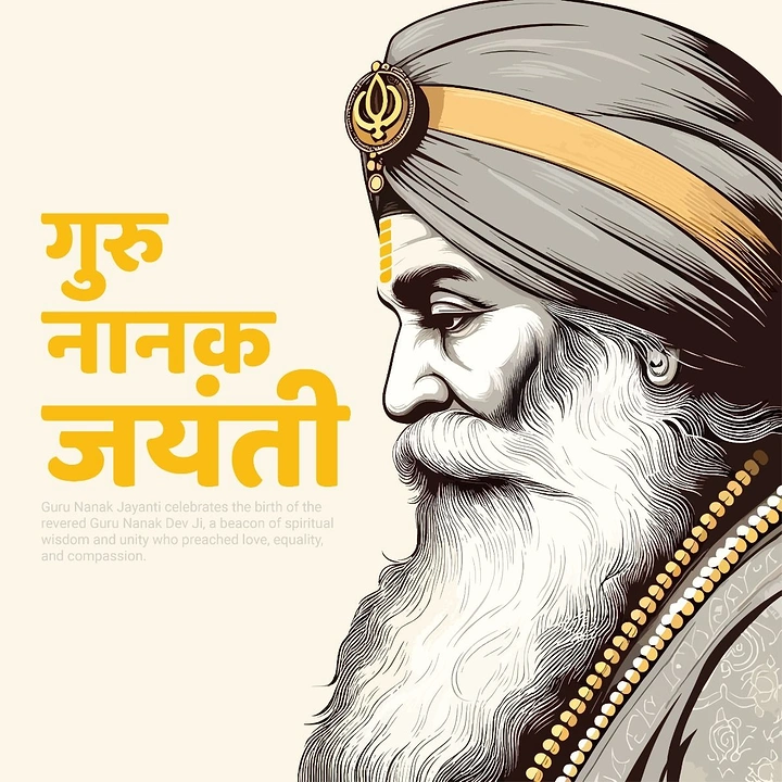 Guru Nanak Jayanti creative ad: Side-profile engraved-style illustration of Guru Nanak Dev Ji