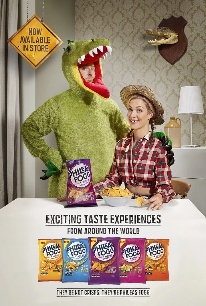Snacks & Namkeen Brands creative ad: Quirky crocodile costume staged scene
