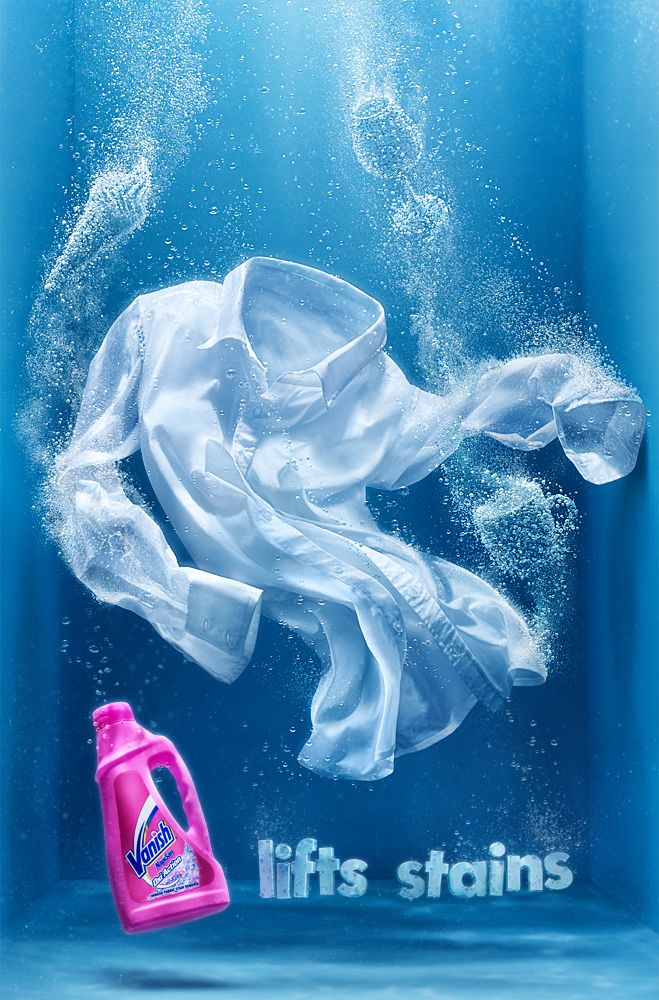 Poster: White shirt floating underwater with bubbles forming a dancing body