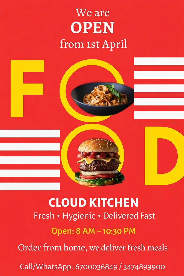Cloud Kitchens & Food Trucks creative ad: Dishes replace O's in bold FOOD