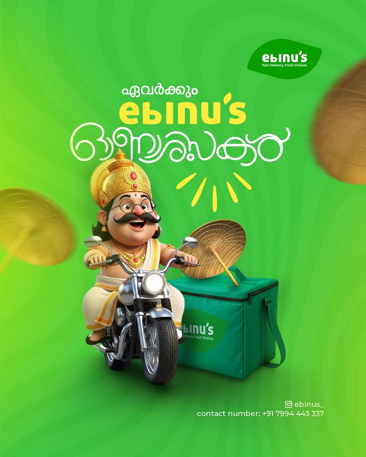 Onam creative ad: 3D cartoon King Mahabali riding a motorbike with a green delivery bag