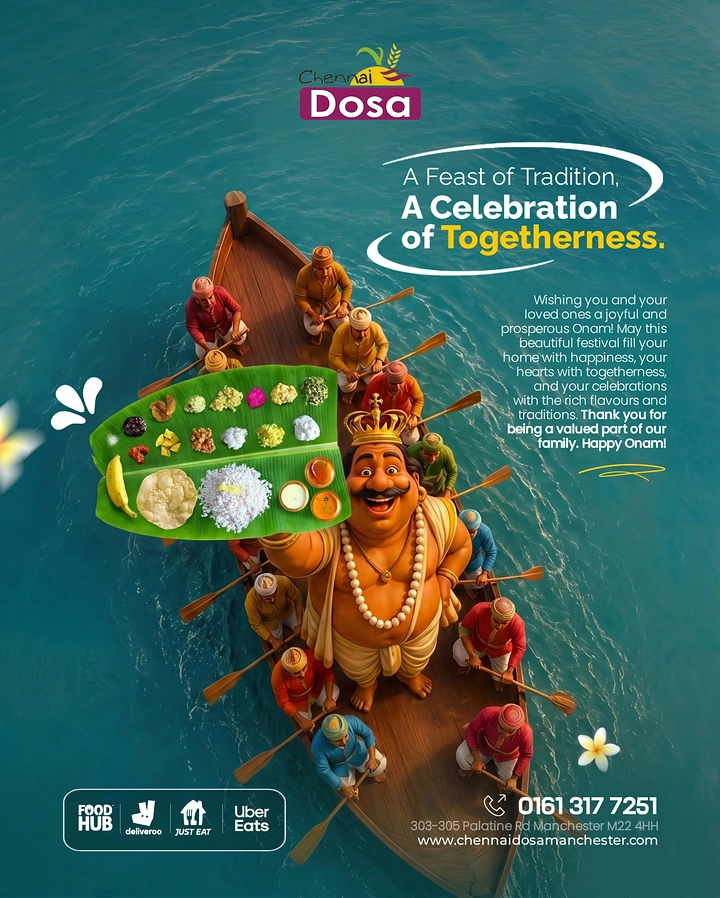 Onam creative ad: 3D King Mahabali on a snake boat holding a banana-leaf sadya