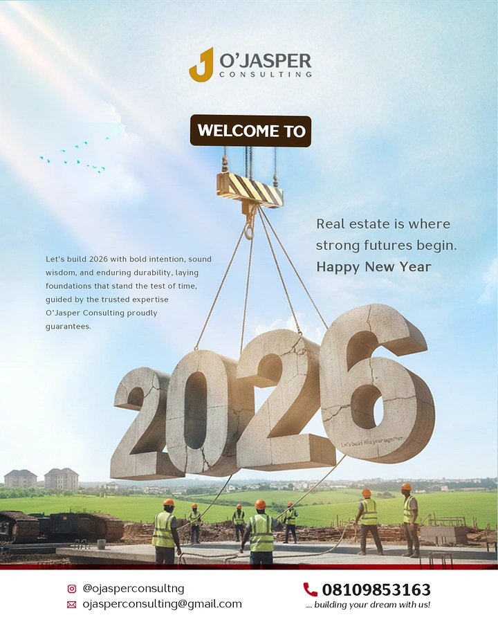 New Year creative ad: Crane lifting cracked concrete 2026 numerals over a construction site