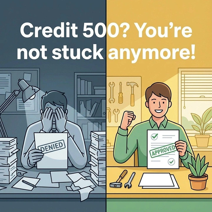 Credit Repair & Credit Score Services creative ad: Denied-versus-approved split narrative