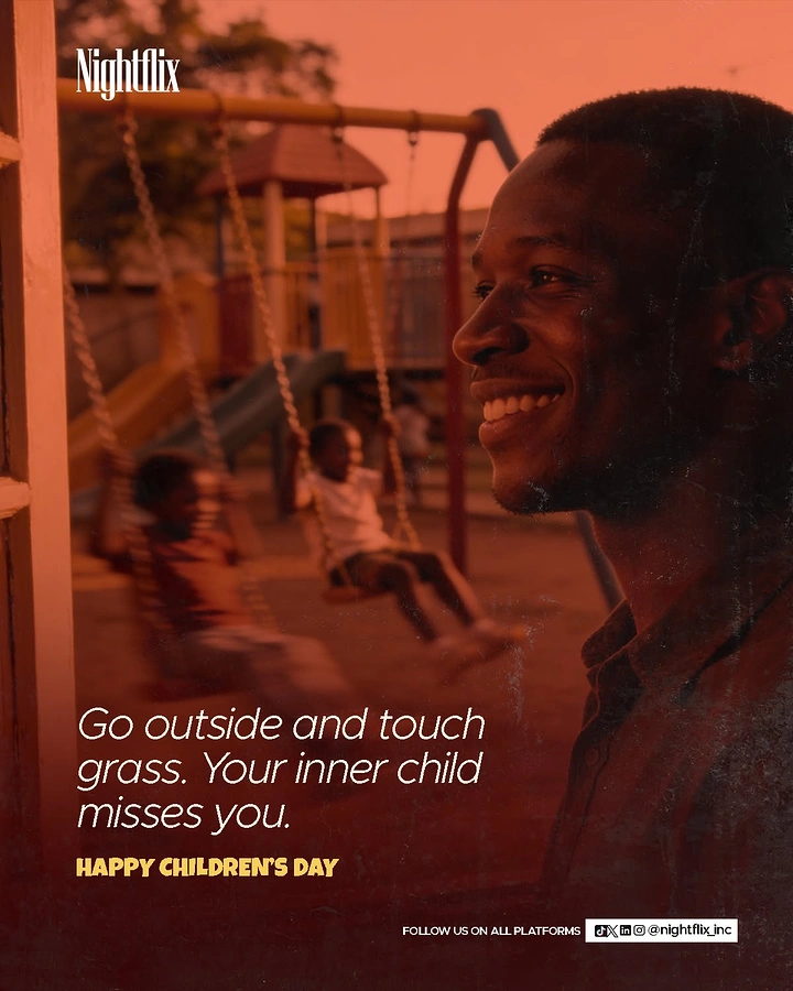 Children's Day creative ad: Smiling man watching children on playground swings