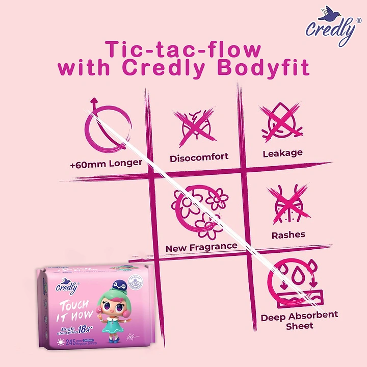 Period Care & Feminine Hygiene creative ad: Tic-tac-toe pun organizes product benefits