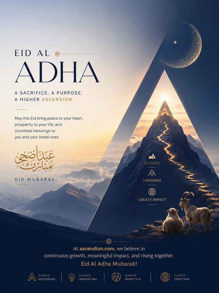 Eid creative ad: Mountain with a glowing path inside a triangular frame, a goat and sheep at its base