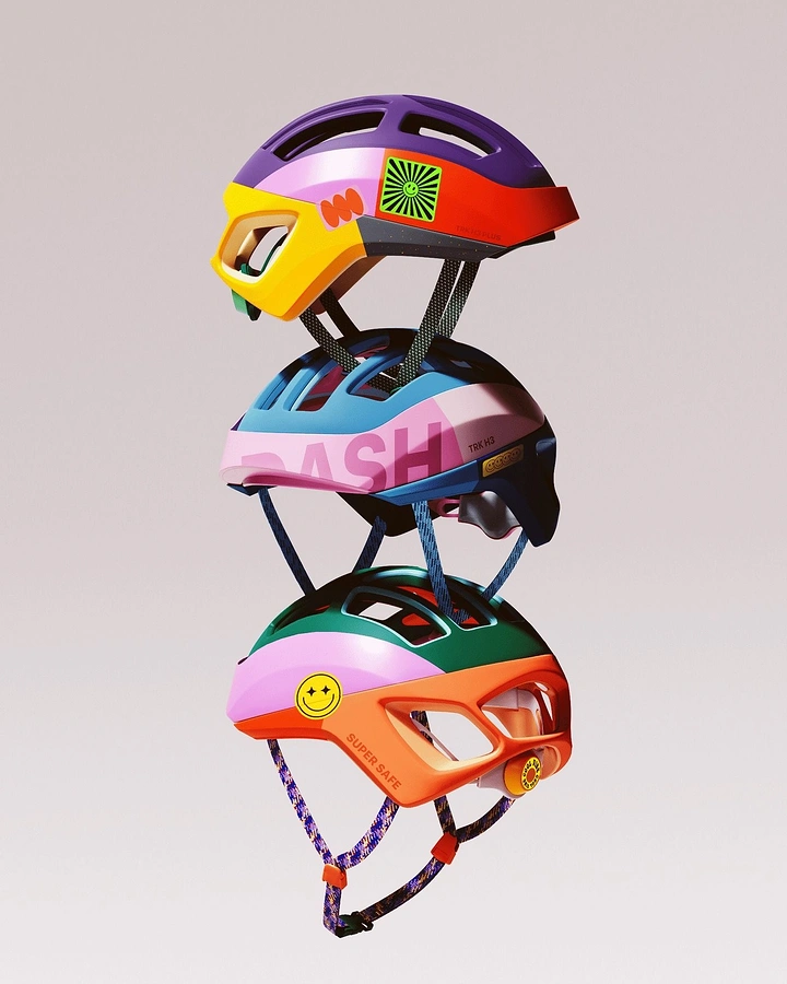 Helmets & Riding Gear creative ad: Playful stacked helmets create visual sculpture