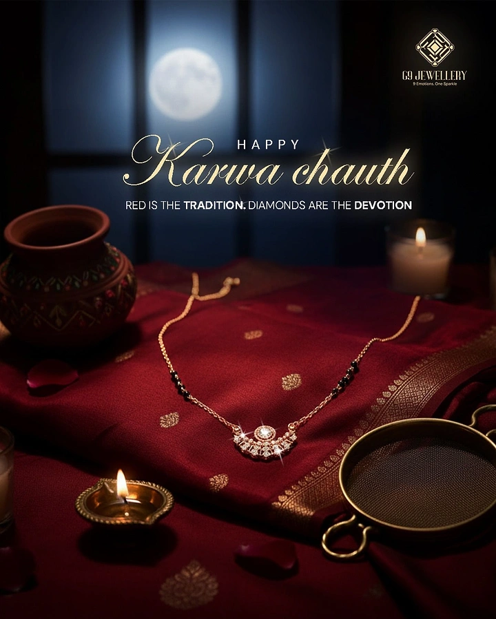 Karwa Chauth creative ad: Diamond mangalsutra laid on red zari silk with a chalni and diya
