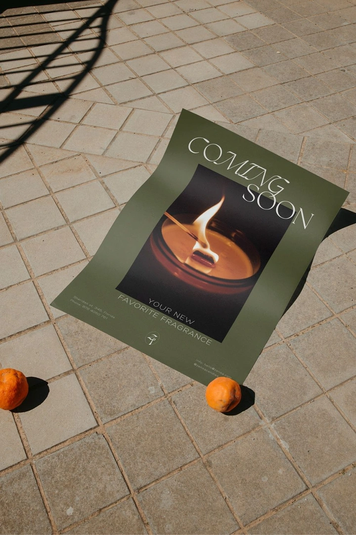 Candles & Home Fragrance creative ad: Coming-soon poster staged on pavement