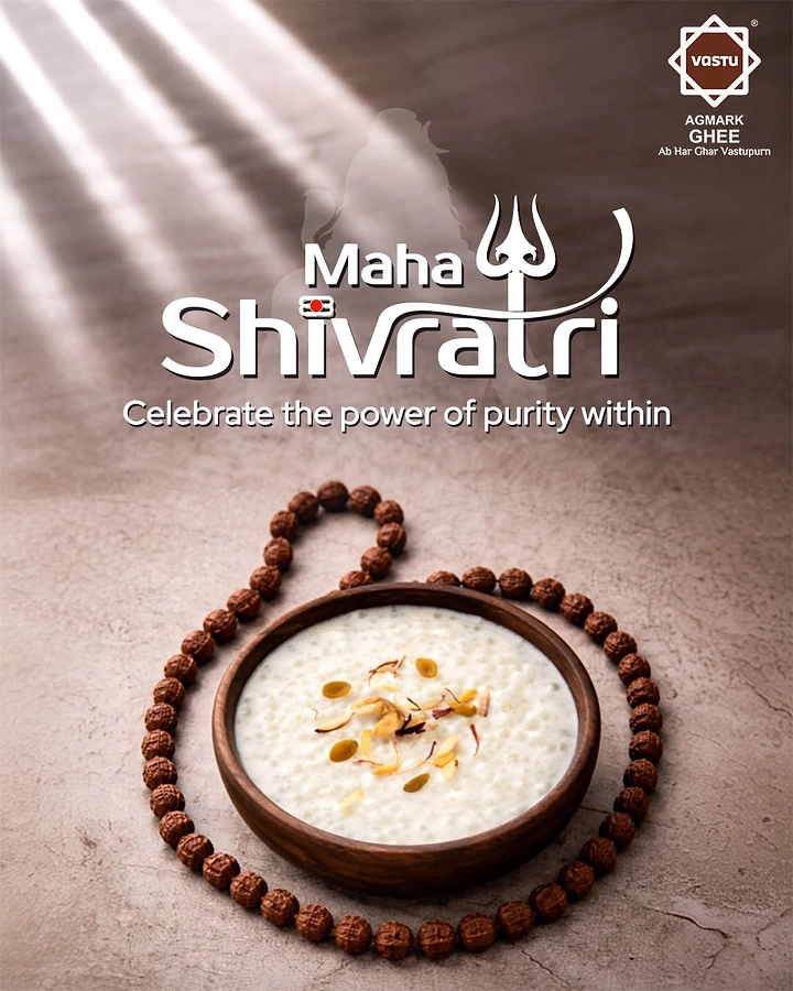 other-festival creative ad: Wooden bowl of sabudana kheer encircled by a rudraksha mala shaped like a Shivling