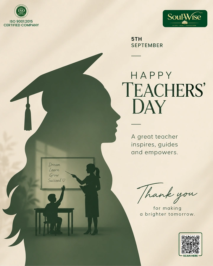 Teachers Day creative ad: Woman's profile silhouette in graduation cap containing a teacher-and-student classroom scene