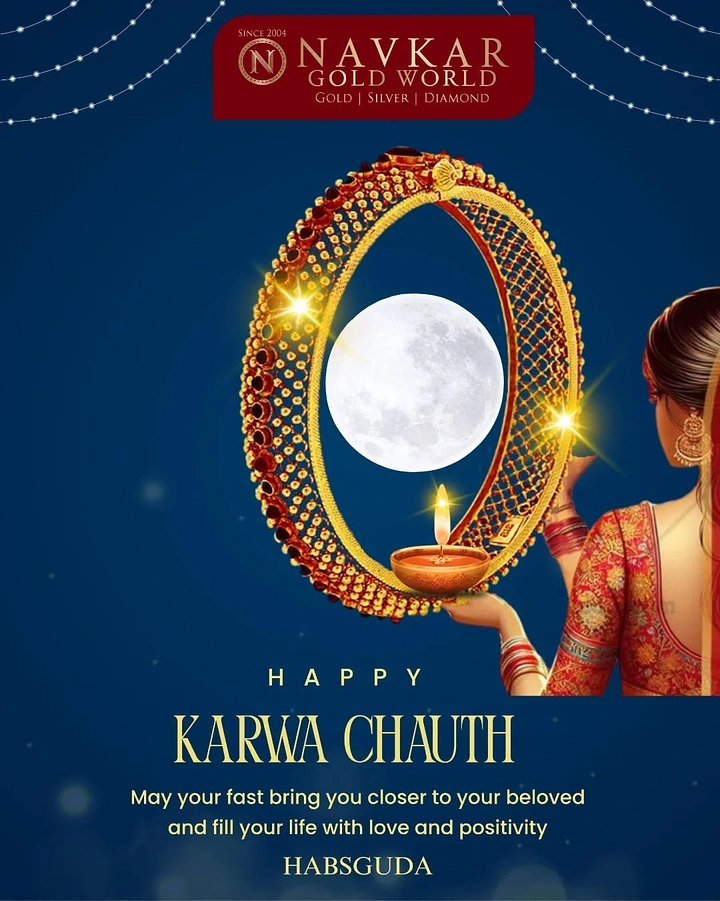 Karwa Chauth creative ad: Woman holding an oversized gold bangle framing the full moon, with a diya