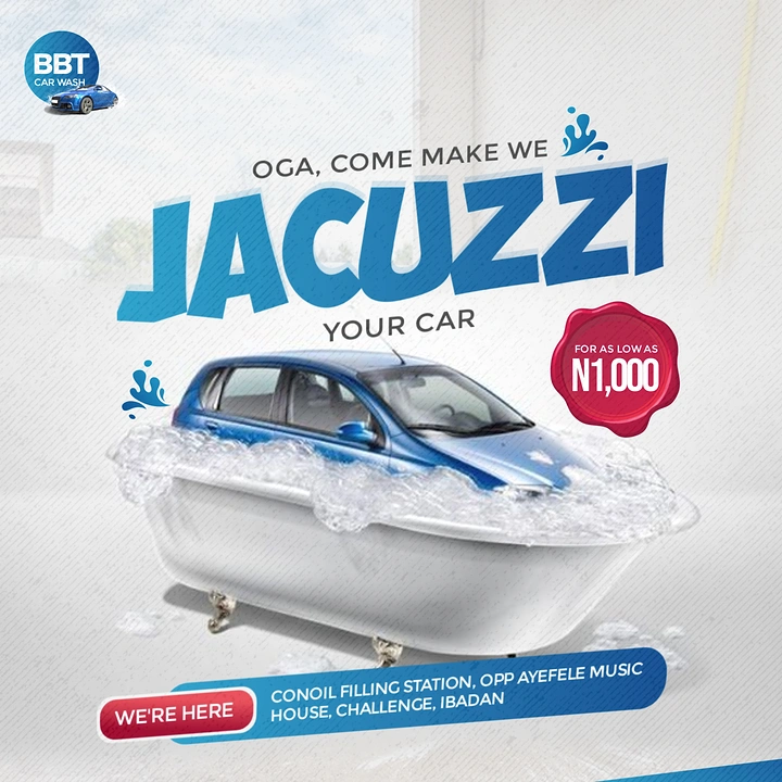 Car Wash & Detailing creative ad: Car in bathtub: 'Jacuzzi your car' metaphor