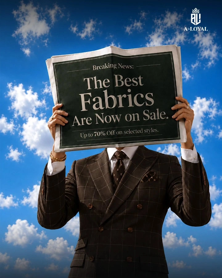 Tailors & Alterations creative ad: Surreal newspaper-headline face announces fabric sale