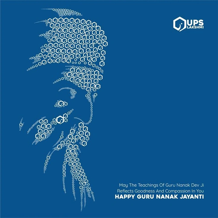 Guru Nanak Jayanti creative ad: Guru Nanak Dev Ji profile built from white hexagonal logo icons
