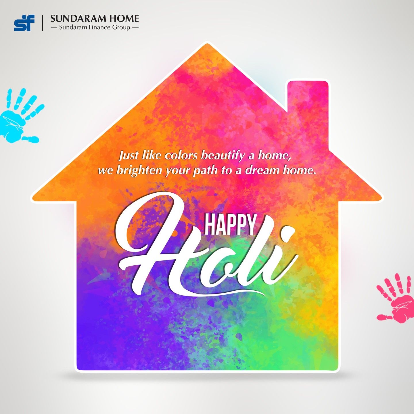 Holi Instagram post: House-shaped cutout filled with multicolour Holi powder