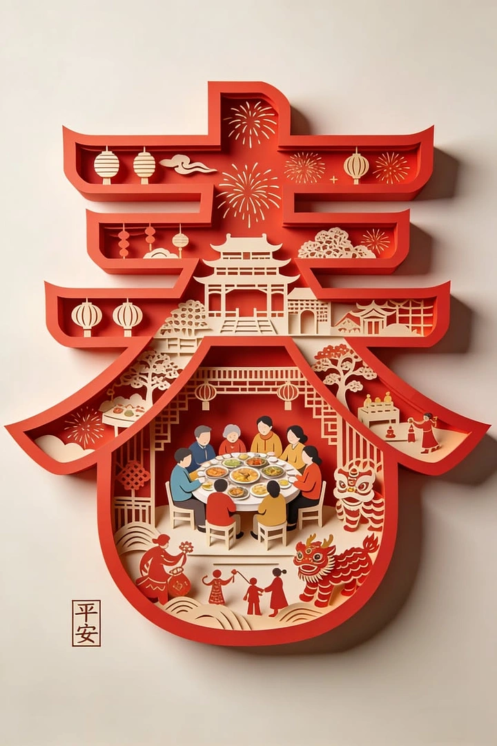 Lunar New Year creative ad: Paper-cut character shaped as a diorama of a family reunion dinner