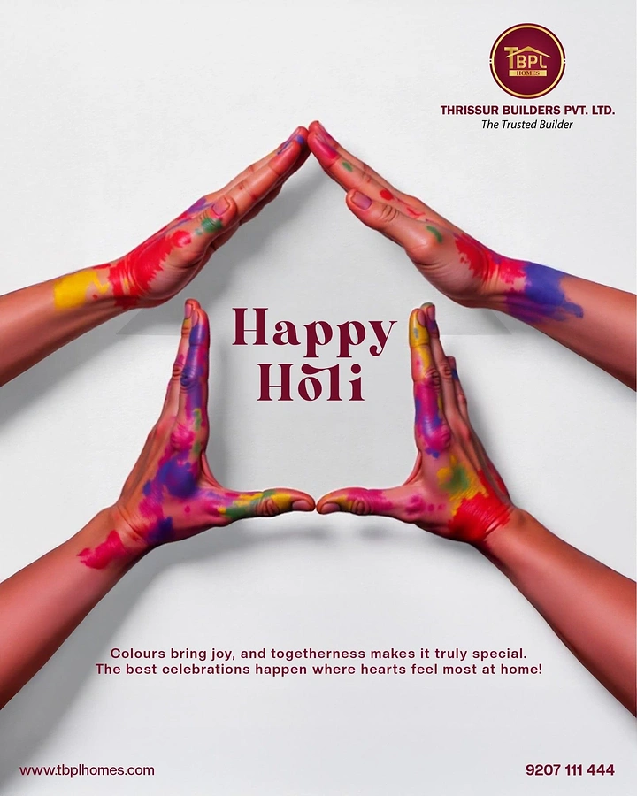 Holi creative ad: Colour-smeared hands forming a house outline