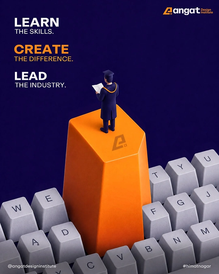 Computer Training Institutes creative ad: Miniature graduate standing on a towering orange keycap rising from a keyboard