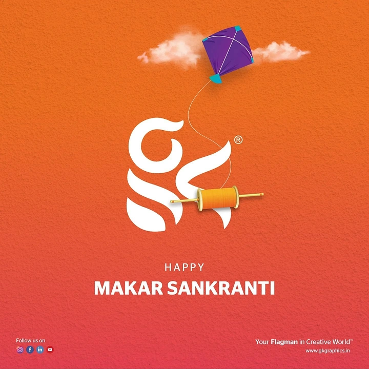 Makar Sankranti creative ad: Brand monogram with a kite string spool and a flying kite