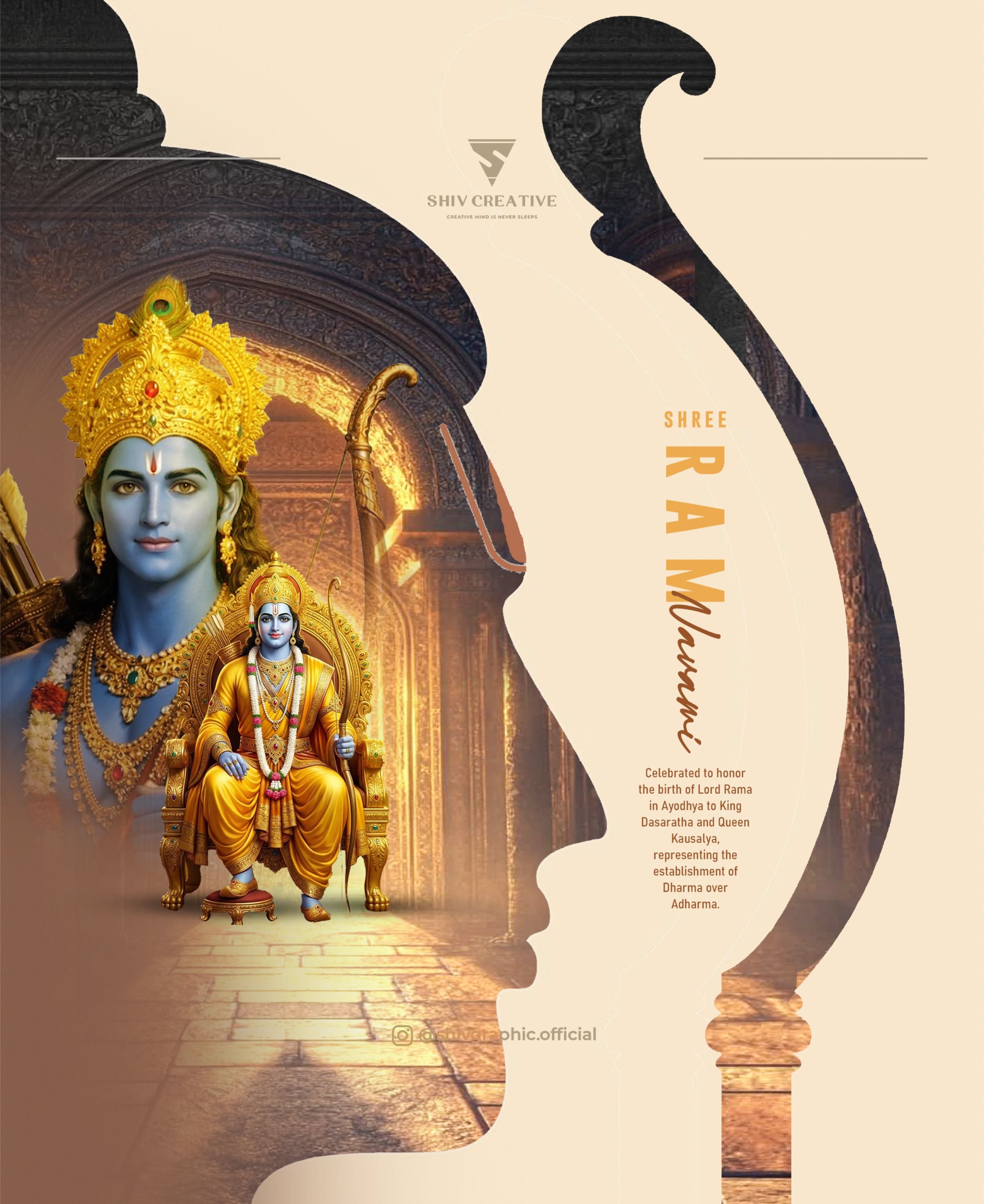 Lord Rama portrait and enthroned Rama inside a profile silhouette