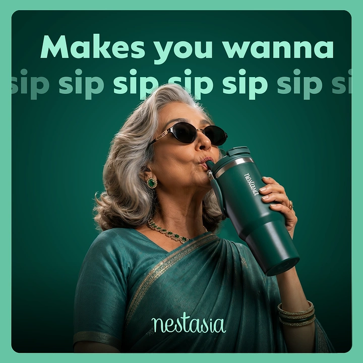 Tumblers, Flasks & Drinkware creative ad: Playful sip copy and character portrait