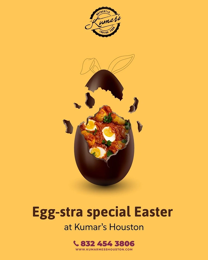 Easter creative ad: shattered chocolate egg revealing egg curry inside