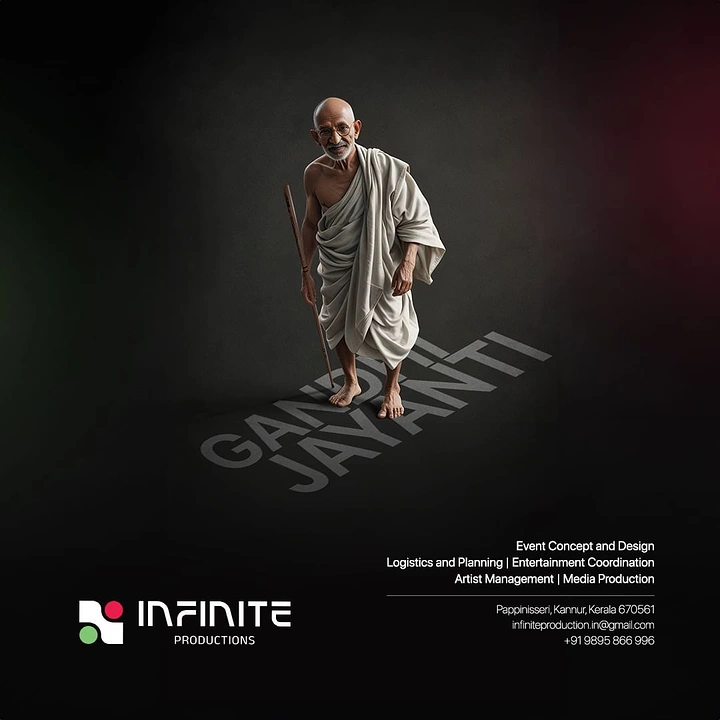 Gandhi Jayanti creative ad: 3D Gandhi figure walking over perspective floor text