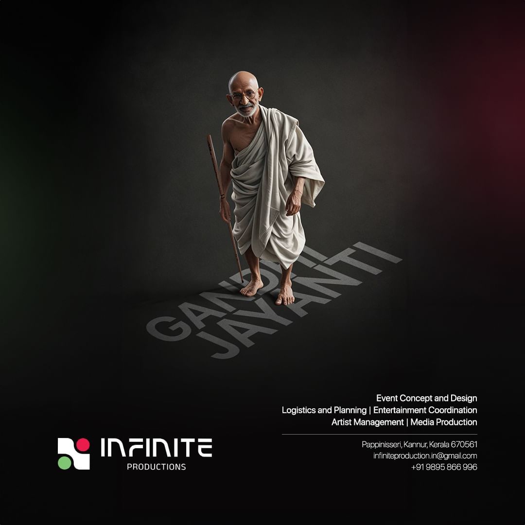 3D Gandhi figure walking over perspective floor text