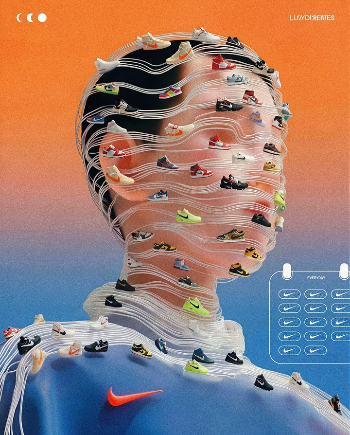 Sneakers & Footwear creative ad: Head-and-shoulders bust wrapped in wavy lines lined with tiny sneakers