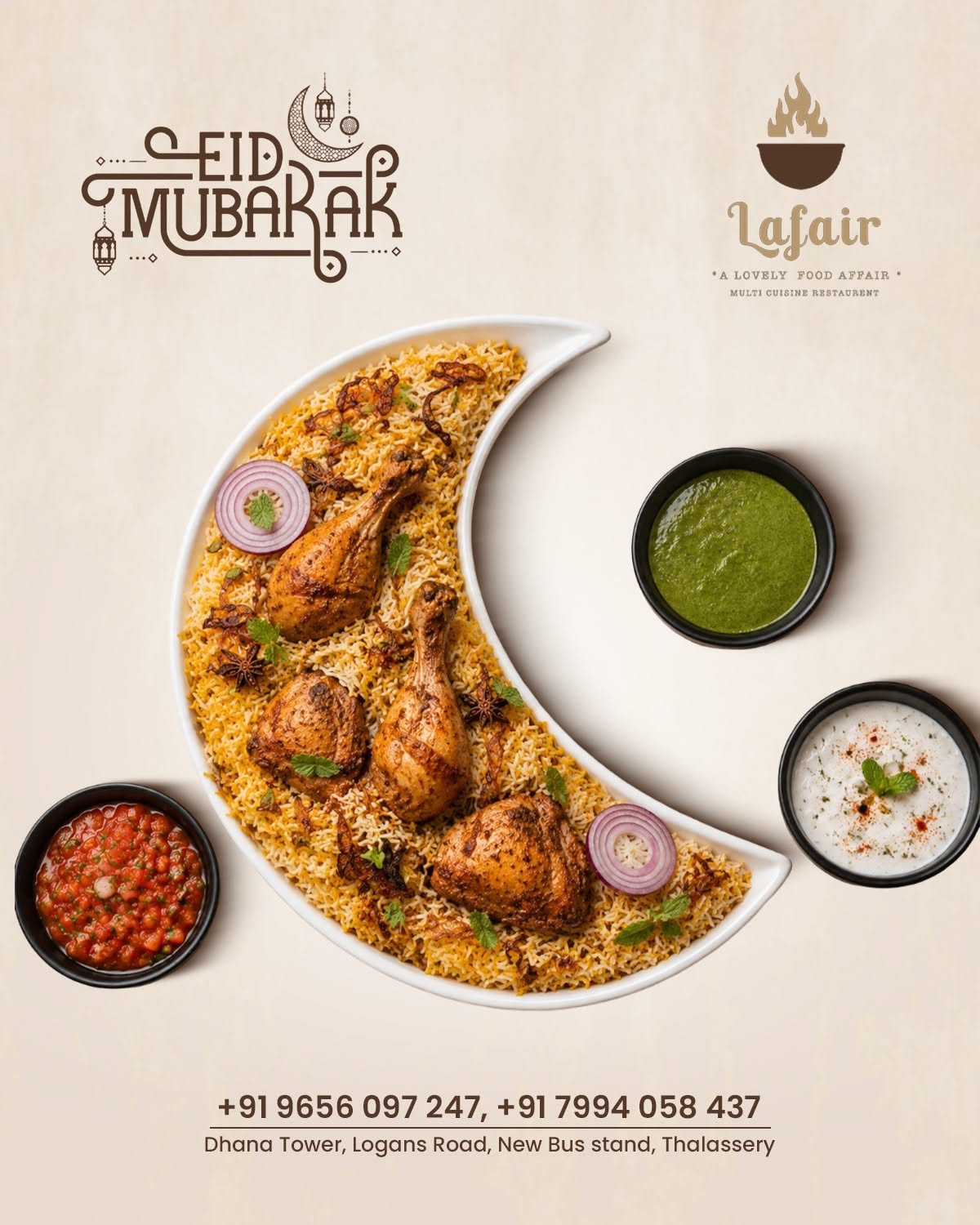Eid Instagram post: Chicken biryani served in a crescent-moon-shaped white dish