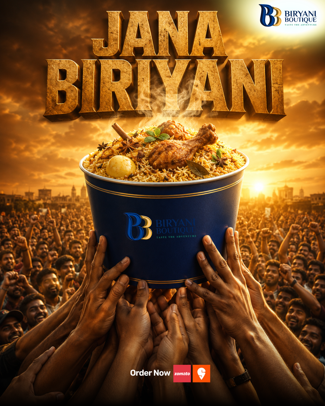 Instagram post: Branded biryani bucket held aloft by a cheering crowd