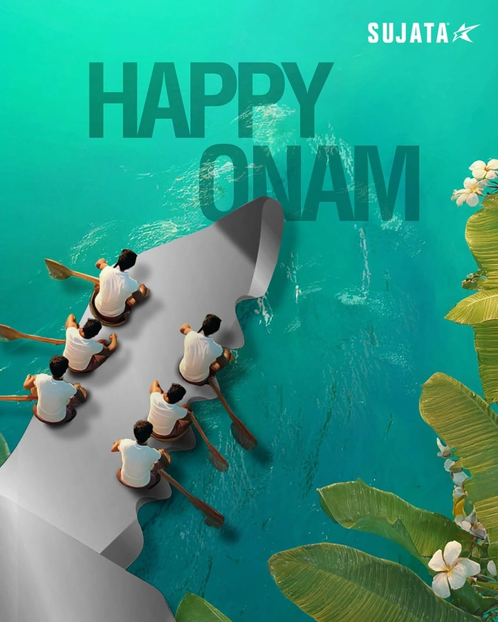 Onam creative ad: Peeling silver paper curl forming a snake boat with rowers