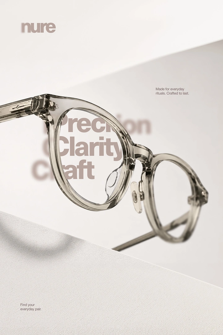 Creative ad: Clear grey acetate eyeglasses floating above angled white surfaces