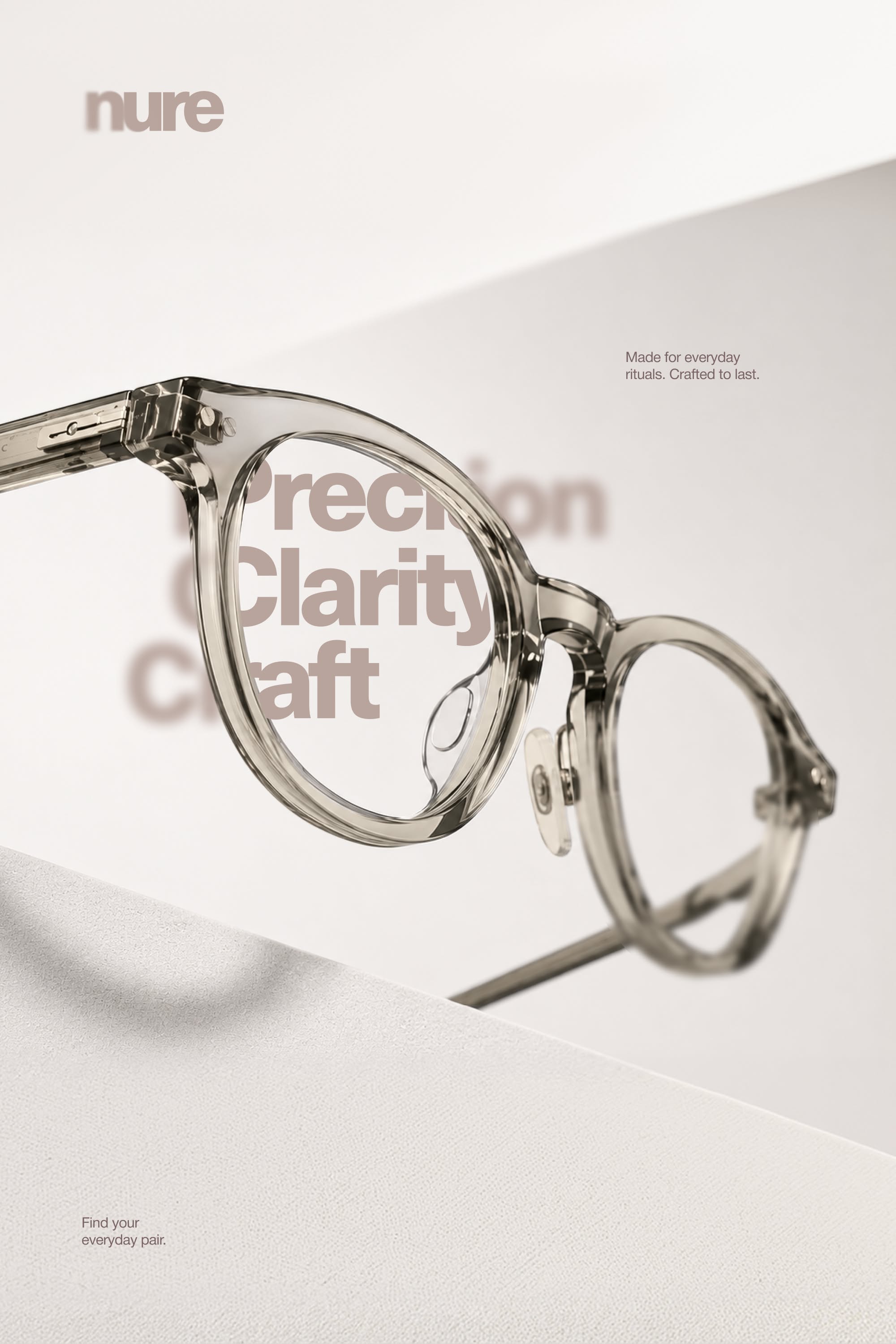 Poster: Clear grey acetate eyeglasses floating above angled white surfaces