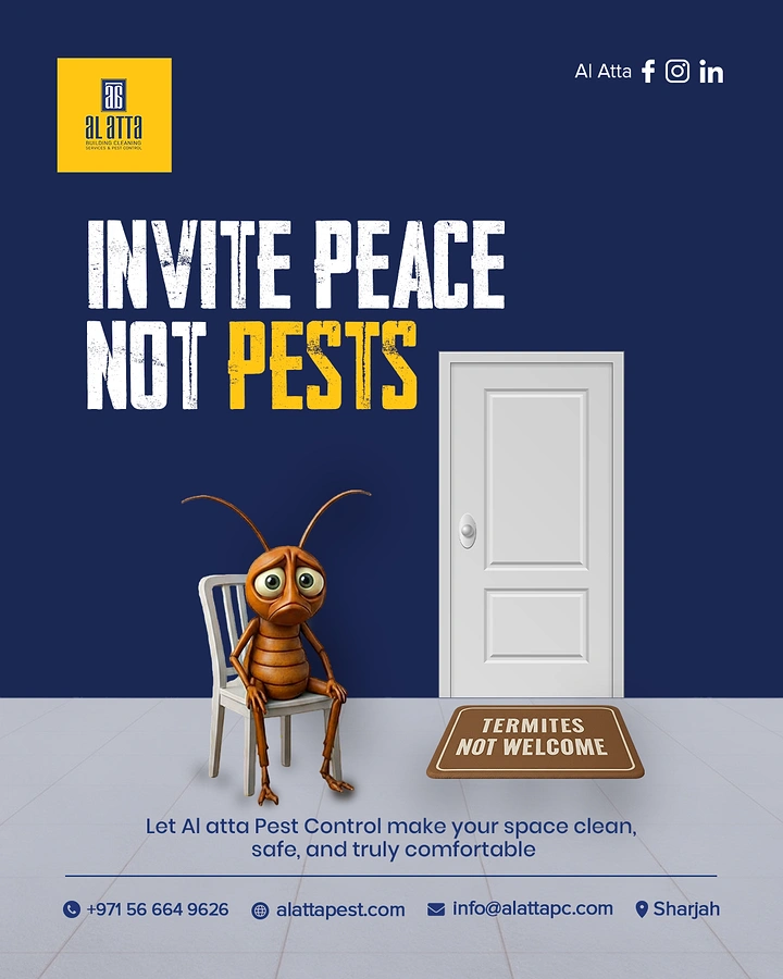 Pest Control creative ad: Termite waiting at door, 'Termites Not Welcome' mat