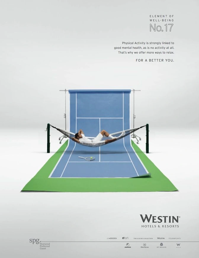 Hotel & Hospitality creative ad: Tennis player lounging in a net-hammock on a paper court backdrop
