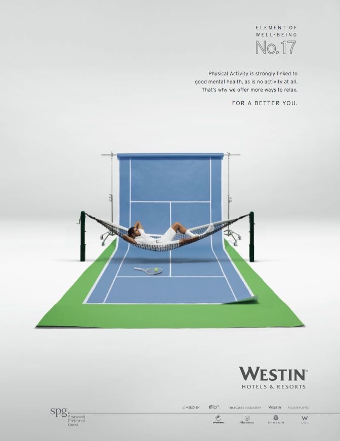 Tennis player lounging in a net-hammock on a paper court backdrop