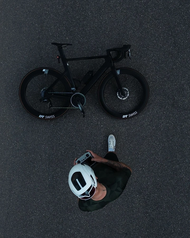 Helmets & Riding Gear creative ad: Unexpected overhead rider-bike composition