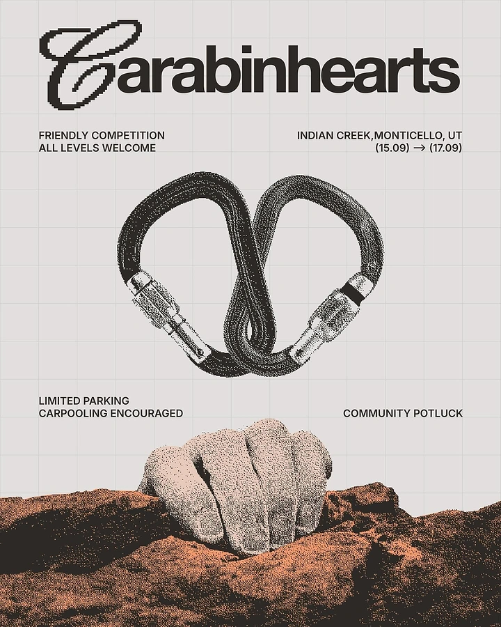 Events & Nightlife creative ad: Two interlocked carabiners forming a heart above a hand gripping rock